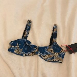 Jaded London Denim Animal Print Balcony Bikini Top